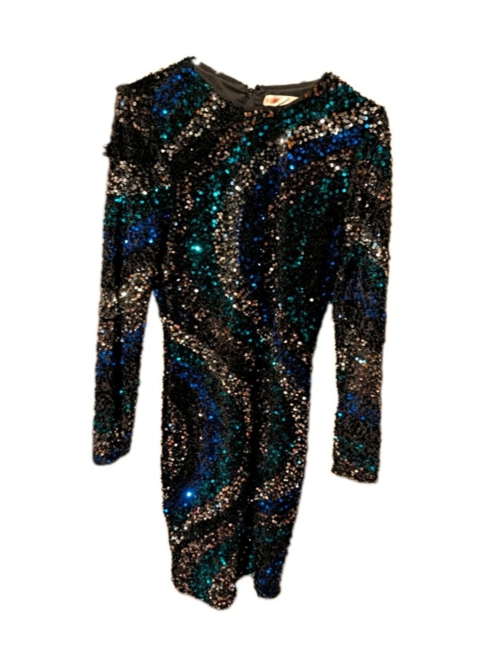 Intempo Sequin wave Cocktail Dress M Long Sleeve Round Neck Zip Back
